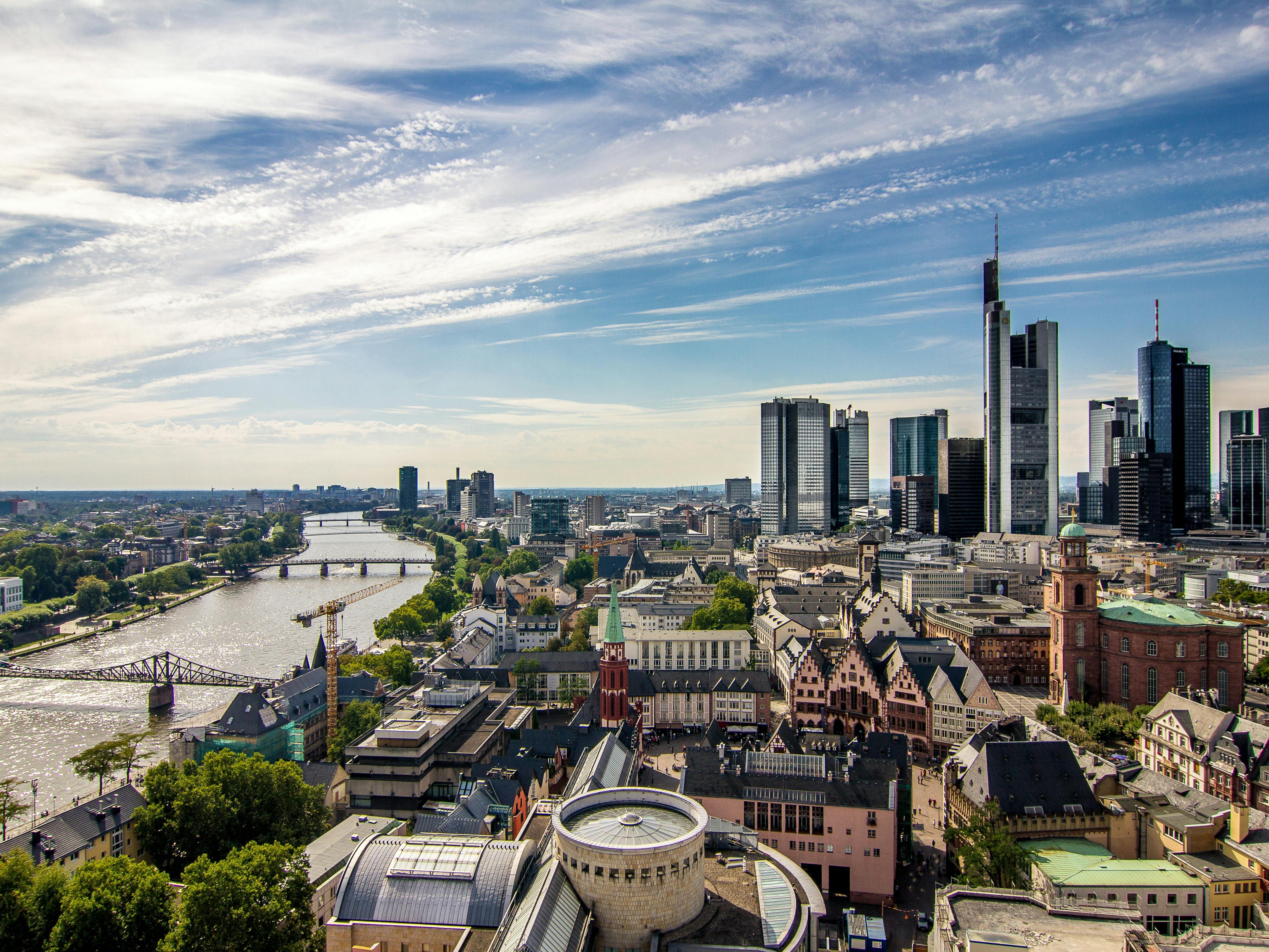 Aerial view of Frankfurt am Main showcasing its modern skyline and the Main River.